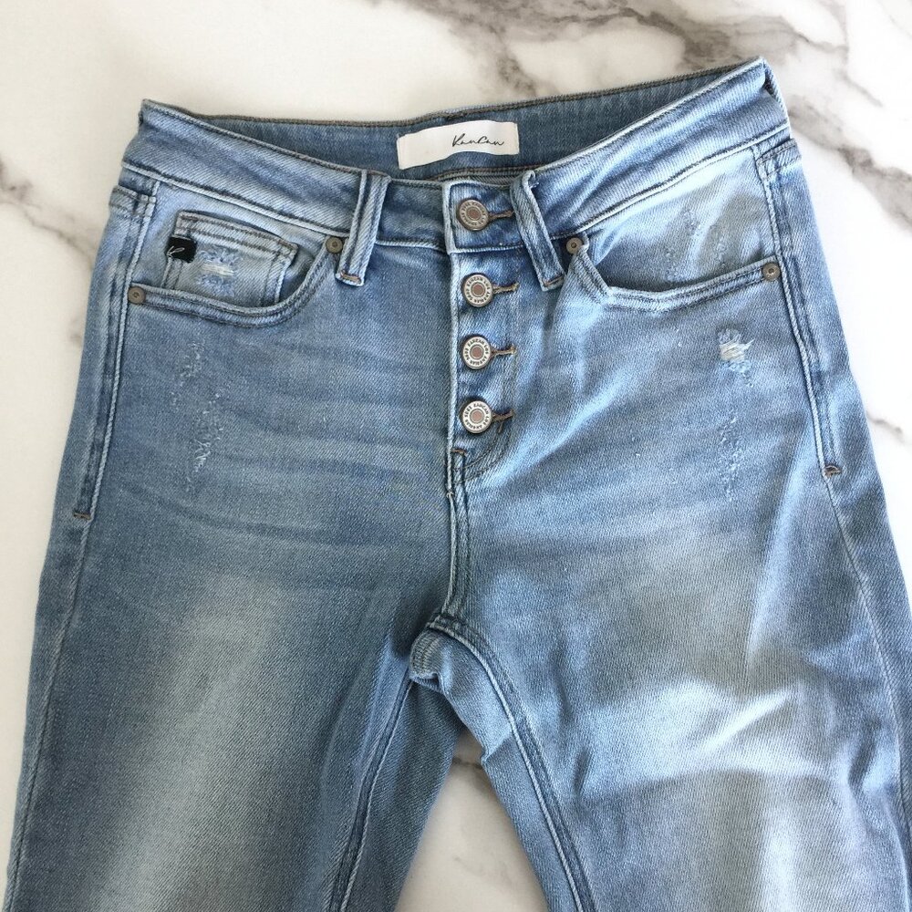 KanCan Medium Wash Distressed Bell Bottoms with 4-Button Closure (Cut # 41368)